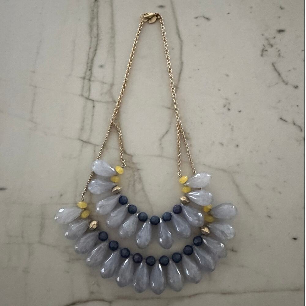 Lydell NYC Blue & Gray Beaded Statement Necklace | Layered Teardrop Bib | Y2K